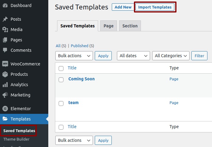 Export and Import Elementor Templates