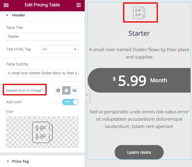 create a pricing table with Elementor free