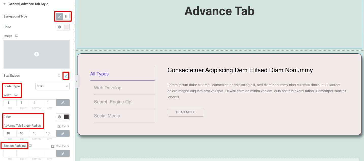advance tab with Elementor