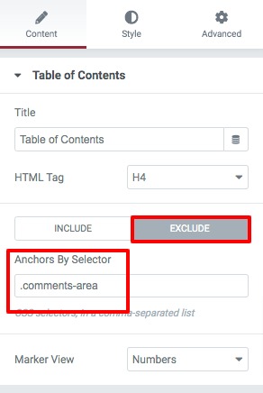 Exclude Comments from Table of Contents Widget in Elementor